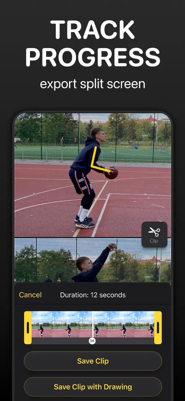 Quick Save sheet trimming a 12 second basketball highlight with Save Clip with Drawing option