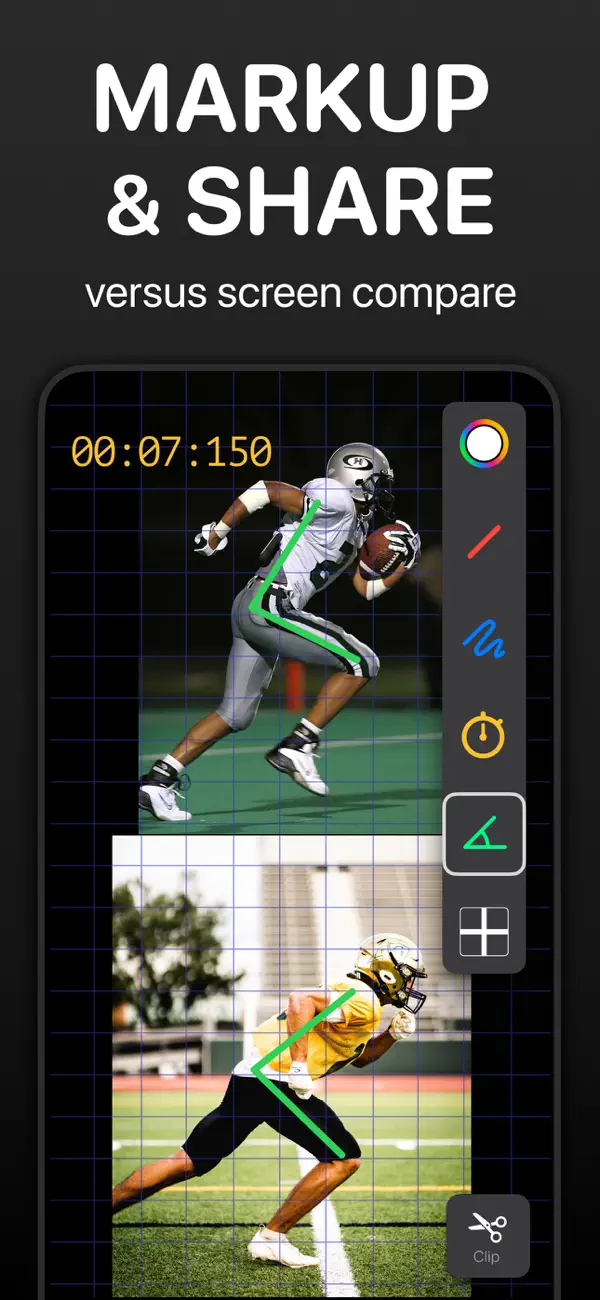 Markup tools drawing angles on two football sprint videos with grid and on-video stopwatch