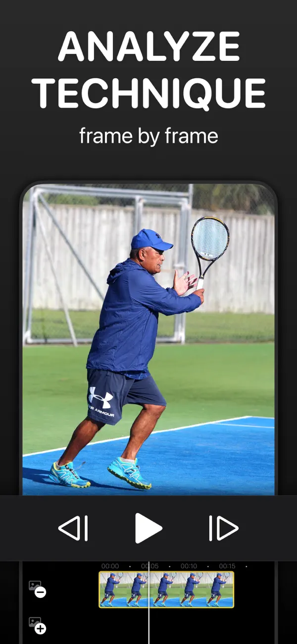 Frame-by-frame stepping through a tennis forehand with previous and next frame buttons