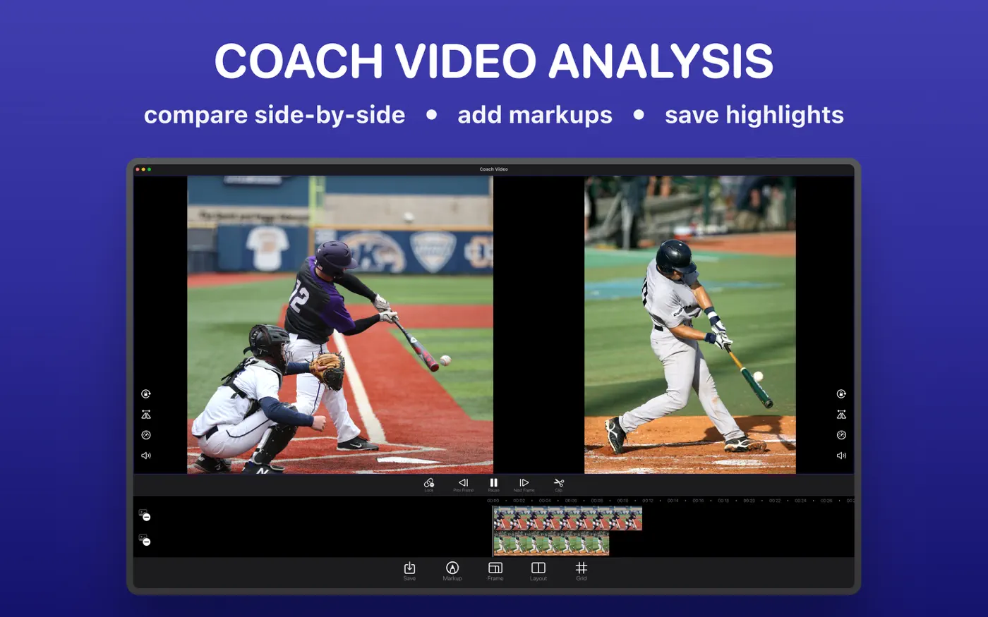 Coach Video Analysis Mac app comparing two baseball swings side by side with markup and export toolbar